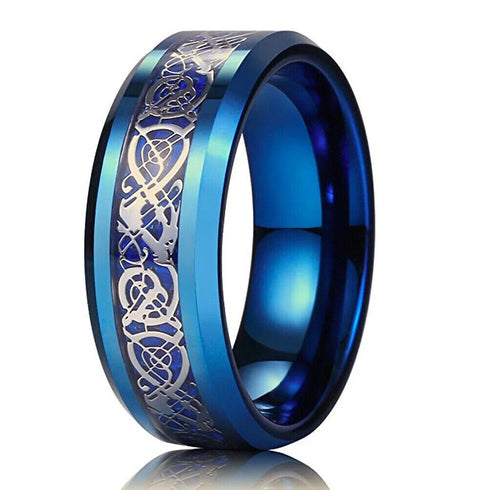 Men 8mm Beveled Edge Comfort-Fit Blue Silver Celtic Dragon Tungsten Wedding Band